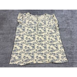 Old Ranch Top Womens Large Yellow Floral Short Sleeve V-Neck Cotton Blend Casual